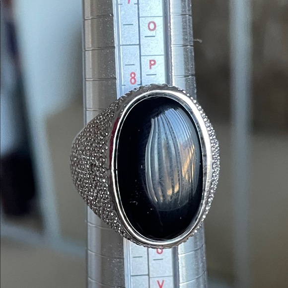 Silver Ring with Black Stone With Small Rhinestones At The Sides.  Size 9 - Picture 3 of 12
